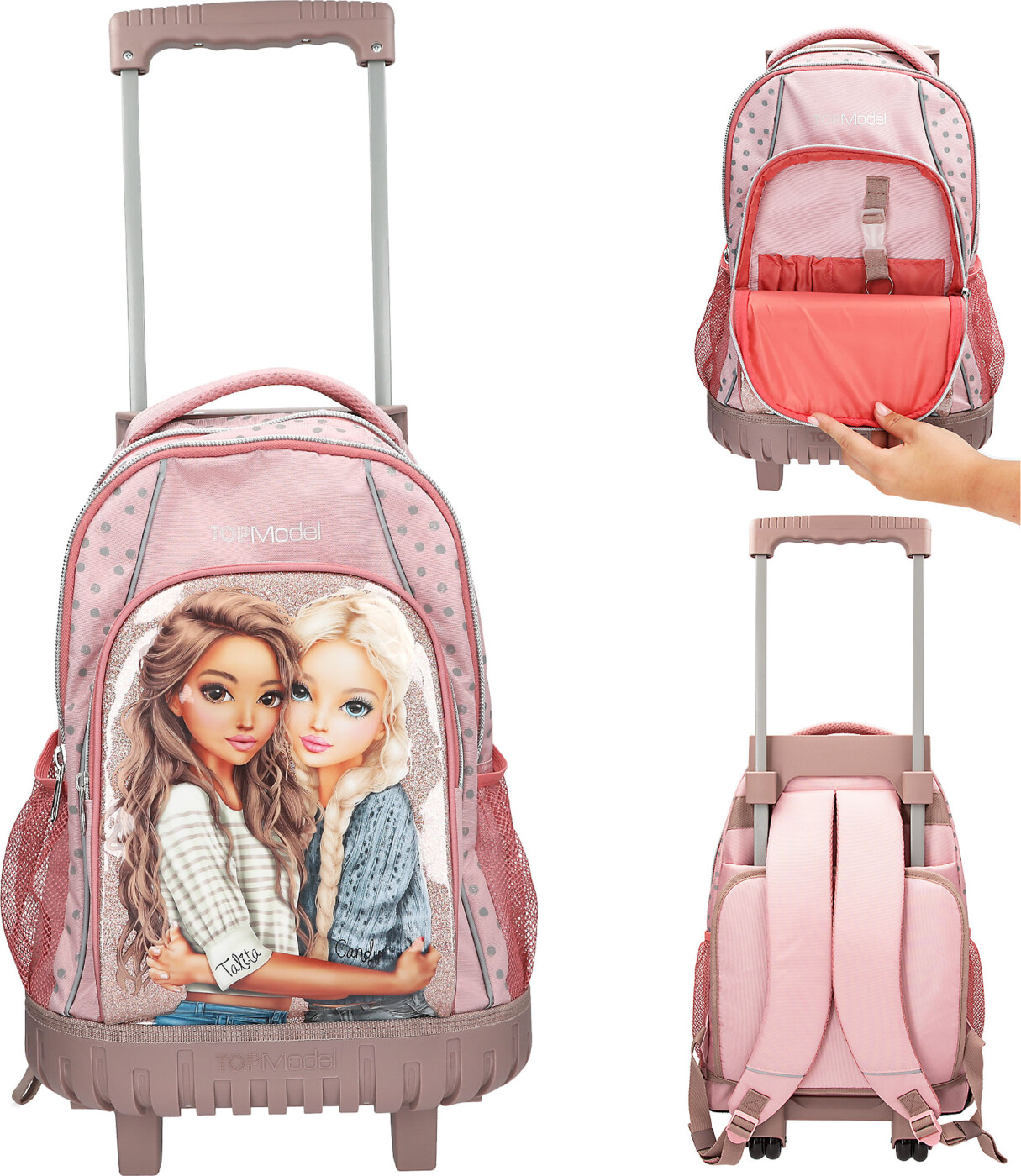 Top Model Skoletaske Trolley Med Hjul Rosa Med Grå Prikker